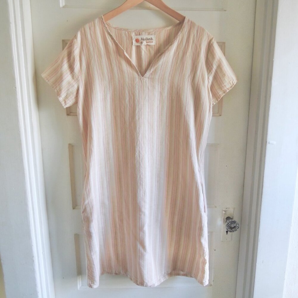 Mollusk Cream & Pink Linen Blend Striped Playa Dress M